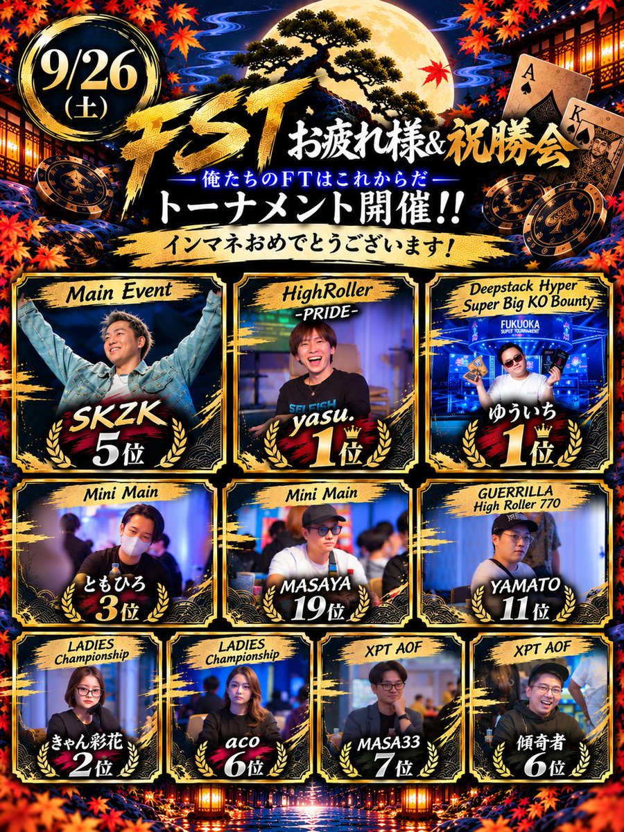bon_nishinakasu's tweet photo. 明日は梵　西中洲で
FSTお疲れ様＆祝勝会を行います！
トーナメントも開催しますので
ぜひ遊びに来てください🥳🥳🥳

お祝いの乾杯も考えております！！！🍾 https://t.co/ggb8JvQCol