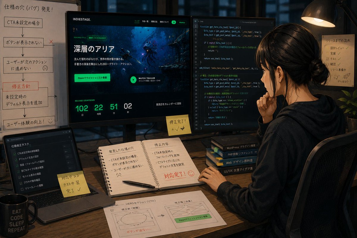 Flatto_web's tweet photo. 本日は、開発中の #インディーゲーム ・ #同人ゲーム 開発者向けの #WordPressテーマ の固まった仕様をもとにテストサイト実装中です。

#ジェンダーレス男子 #WEB制作 #WEBデザイン #indieGameDev #DevLog https://t.co/WteVJsy0IN