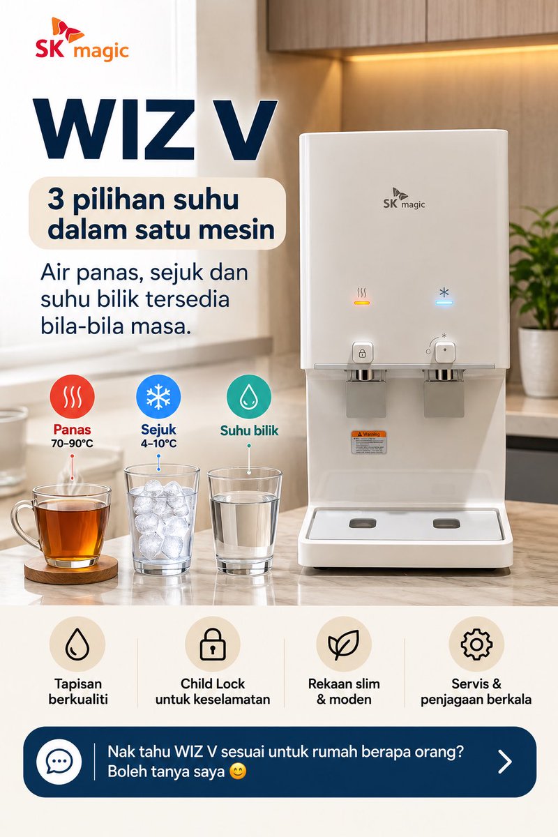 fzra__'s tweet photo. Kalau nak penapis air untuk kegunaan harian, jangan tengok rupa sahaja.

Tengok juga:
✔️ Pilihan suhu
✔️ Keselamatan
✔️ Kemudahan penggunaan
✔️ Penyelenggaraan
✔️ Kos bulanan

SK Magic WIZ V memang direka untuk kegunaan keluarga — 3 suhu dalam satu mesin, serta servis. https://t.co/hyW8QaFF7B
