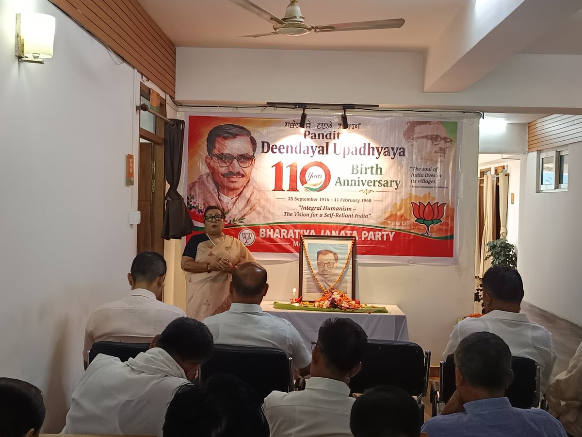 thbasantasingh's tweet photo. Observed the 110th birth anniversary of Pandit Deendayal Upadhyaya Ji at Thambal Sanglen, in the presence of Hon’ble MP (RS) &amp; @BJP4Manipur President Smt. @AShardaDevi Ji, Hon’ble MLA Shri U. Deben Singh and Karyakartas. https://t.co/bWNcND40oY
