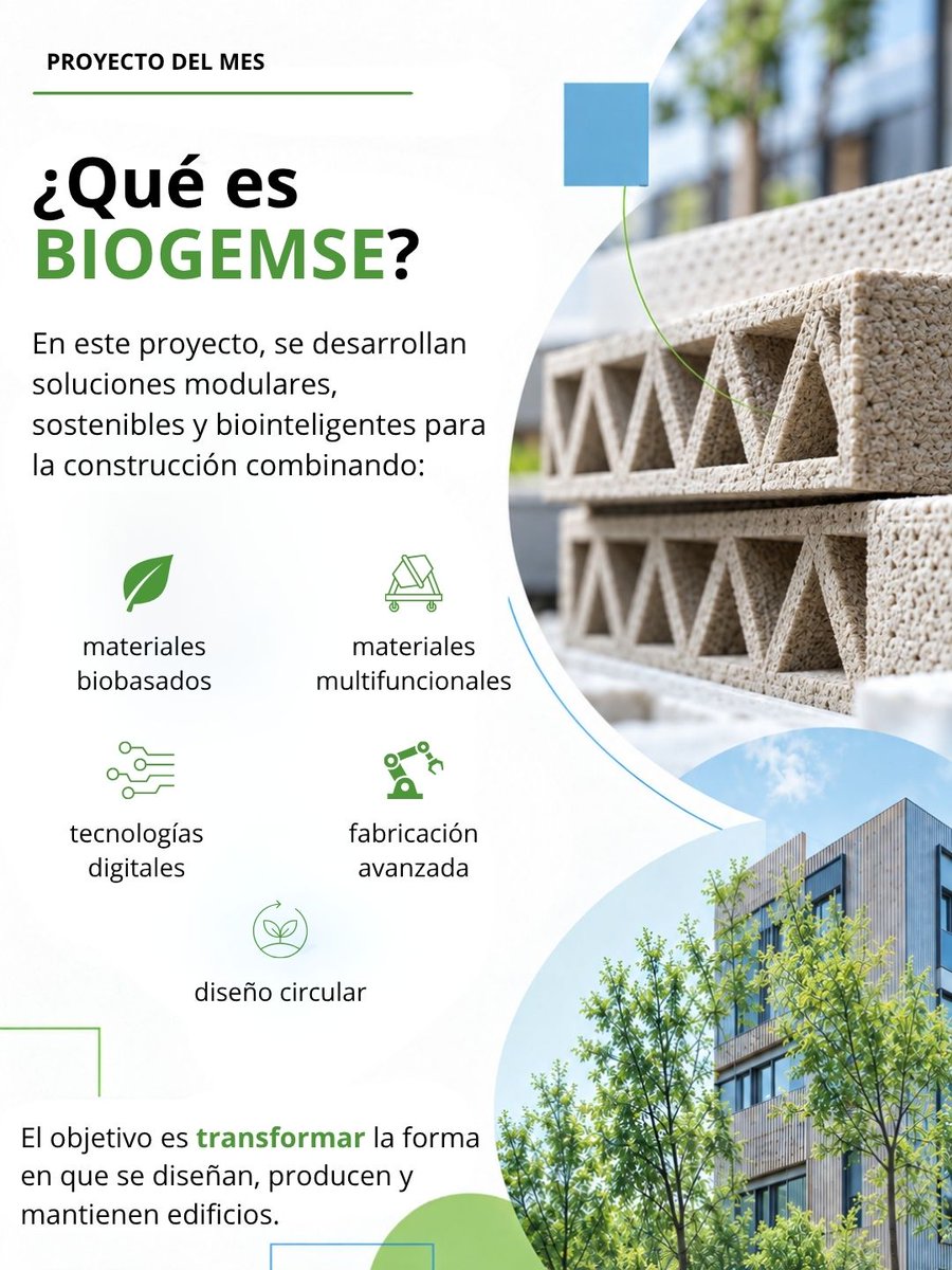 aimenct's tweet photo. Desde #AIMEN, en @BiogemseEu  trabajamos en soluciones constructivas modulares y biointeligentes, combinando materiales biobasados, impresión 3D robótica y tecnologías digitales para avanzar hacia una construcción más circular, eficiente y sostenible.

#ProyectoDelMes https://t.co/i2D1EVrMkH