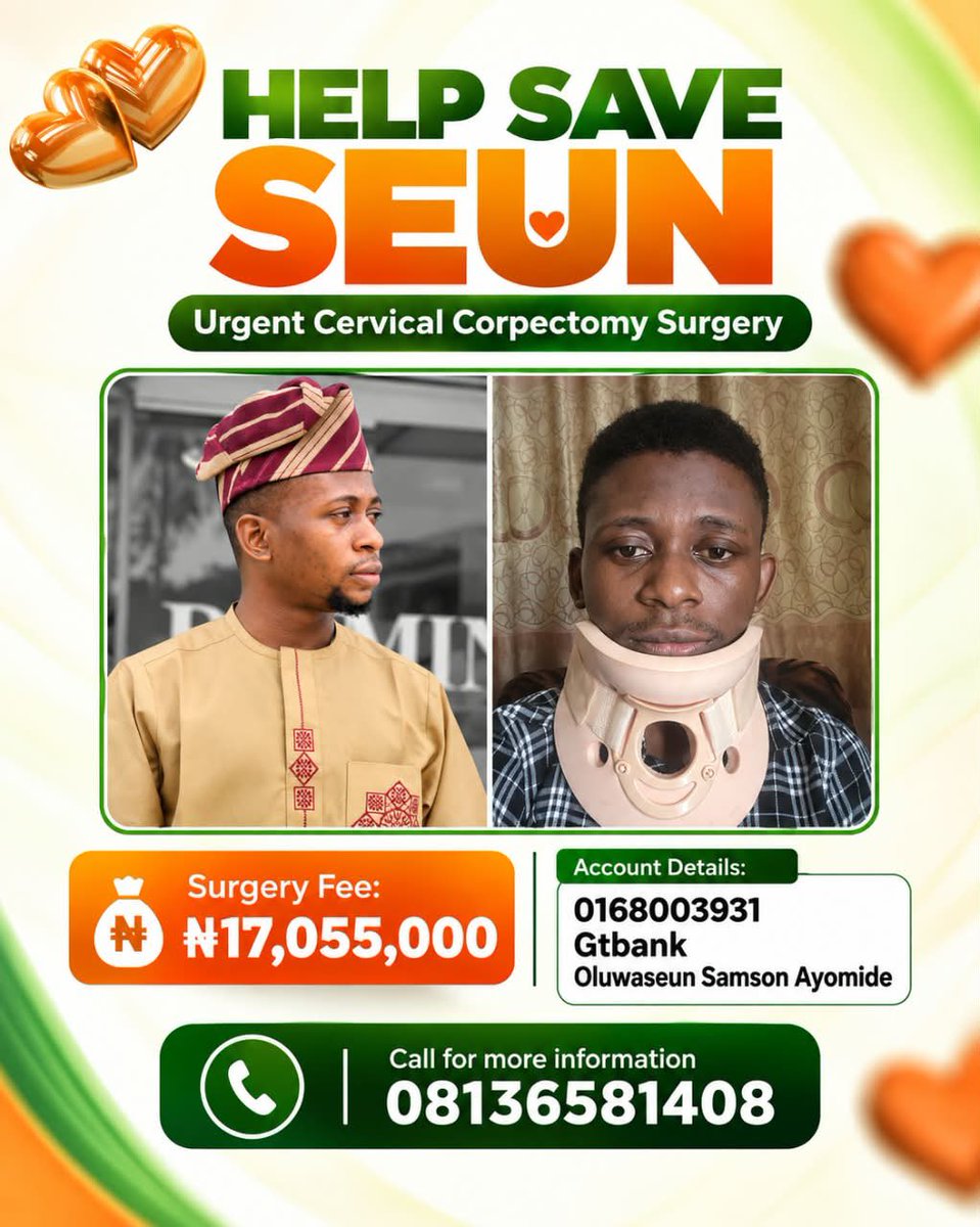 adecoal01's tweet photo. Oluwaseun’s surgery is becoming increasingly time-sensitive. We still need ₦13,205,106 to help him get his cervical corpectomy, and we cannot do this without you.

Please every ₦1k or any amount matters to his recovery! 🙏
💳 GTBank | 0168003931 | Oluwaseun Samson Ayomide https://t.co/SCBuaWmDBy