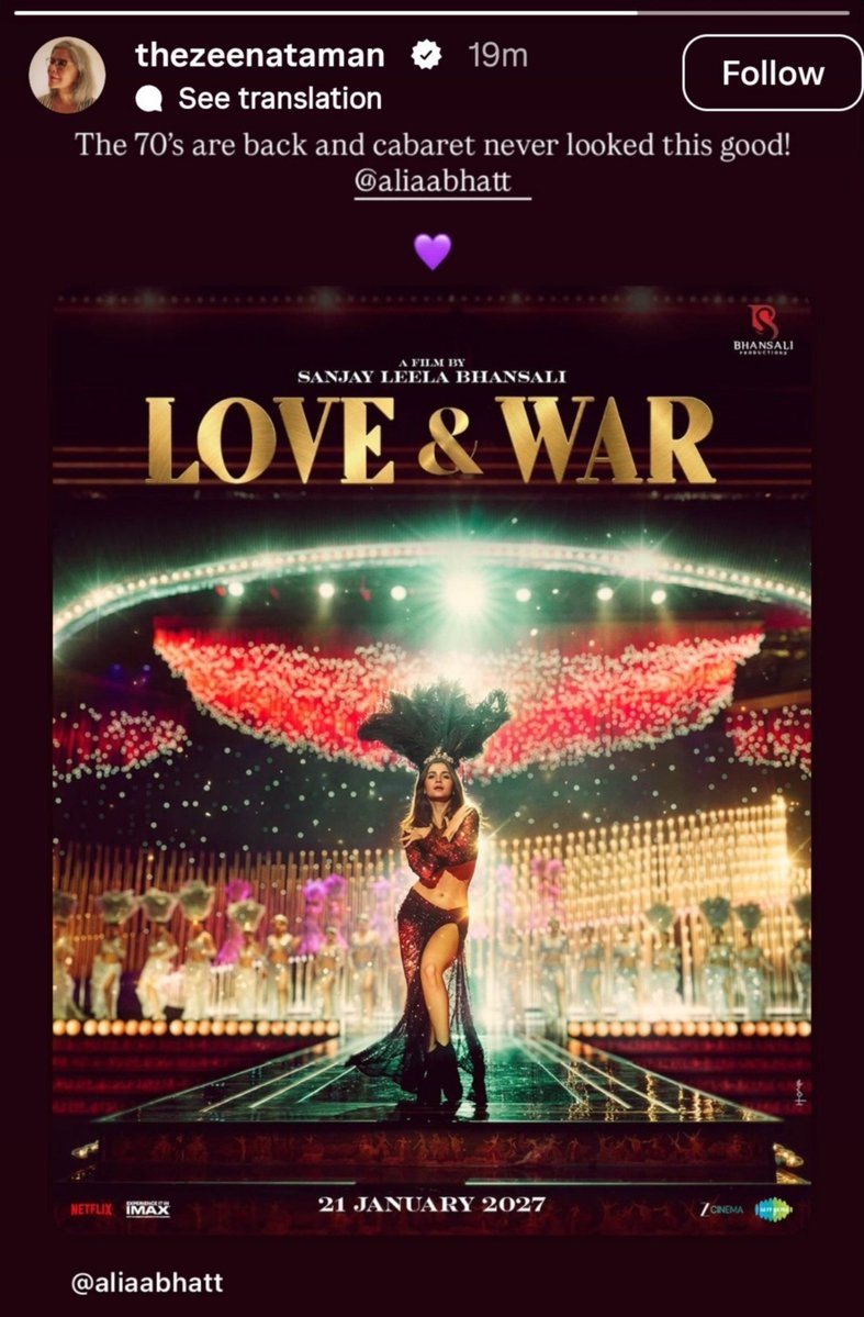 bekhayalime's tweet photo. Zeenat Amaan insta story and she loved Alia Bhatt’s Love &amp; War poster. https://t.co/IwLrf7EfQi