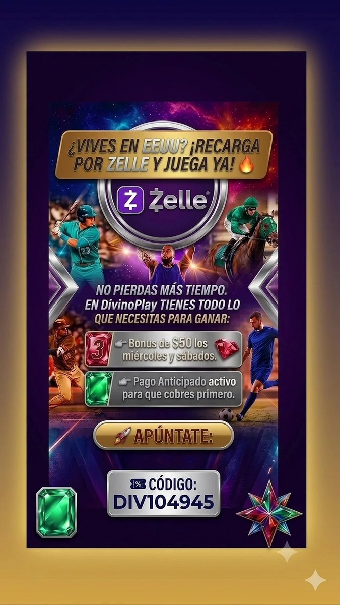 NELSONENCANCHA's tweet photo. ‼️JUEGA DESDE EEUU 🇺🇲 RECARGA VÍA ZELLE 💸 BONO 50$ MIERCOLES Y SÁBADO‼️ #Divinoplay 🔥🚨

Recuerda colocar el Código DIV1104945 #Divinoplay 🥳🔥 ⚾️🏒🏀⚽️🏈🥅

Regístrate y apuesta 👇https://t.co/mKuhAIhKRq

Código Promocional ➡️ DIV104945
☝️☝️ JUEGA EN TU MONEDA $ 🅿️🅰️ https://t.co/qZZIxjJur8