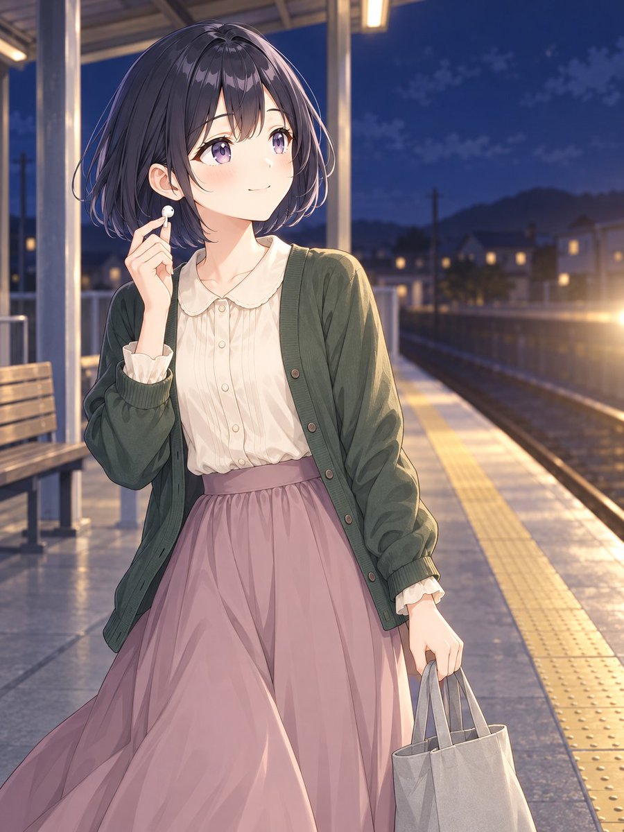 Nagi_ai123's tweet photo. 金曜日の夜、片耳の音楽を止めたら、ホームに秋の風。
今週も、おつかれさま。

#AIイラスト #AIart #初秋 #金曜日 #帰り道 https://t.co/gF7guYgGaR