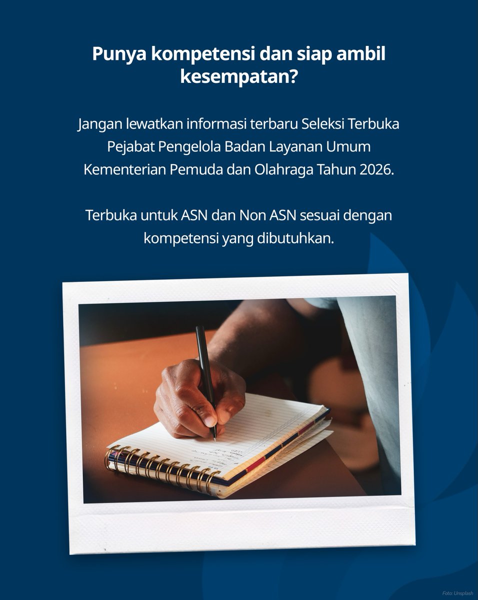 karirspace's tweet photo. Kemenpora RI membuka Seleksi Terbuka Pejabat Pengelola Badan Layanan Umum!

Deadline 29 September 2026.

Informasi lebih lanjut https://t.co/BZ5ciPTYL2 https://t.co/nCcl2SM5mR