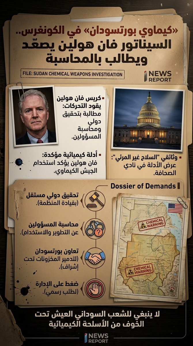 nile_shark01's tweet photo. ملف #كيماوي_بورتسودان وصل إلى الكونغرس الأميركي بعد دعوة السيناتور كريس فان هولين إلى تحرك دولي مباشر. السيناتور قال إنه سيواصل الضغط داخل مجلس الشيوخ على إدارة الرئيس دونالد ترامب لدعوة منظمة حظر الأسلحة الكيميائية رسمياً إلى فتح تحقيق شامل في #السودان.
 التحقيق المطلوب بحسب ما طرحه فان هولين لا يقتصر على فحص واقعة واحدة بل يشمل تحديد نطاق البرنامج الكيميائي المحتمل ومعرفة الجهات التي طورت هذه المواد أو حصلت عليها أو خزنتها، وتحديد المسؤولين عن استخدامها