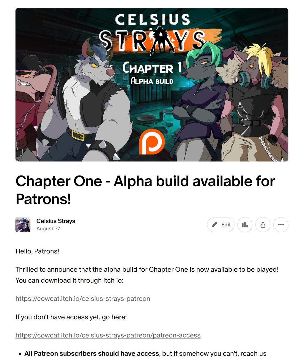 COWCATGames's tweet photo. Reminder, Patreon subscribers get an exclusive build of Celsius Strays Chapter 1, which is pretty substantial! https://t.co/zWD7QjZXvK