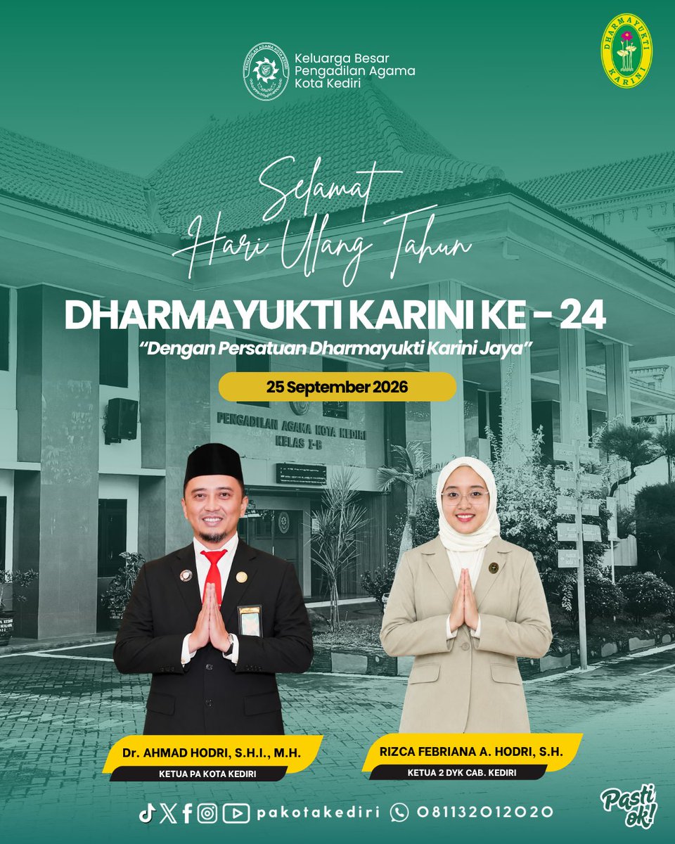 pakotakediri's tweet photo. Selamat Hari Ulang Tahun ke-24 Dharmayukti Karini

Keluarga Besar Pengadilan Agama Kota Kediri mengucapkan Selamat Hari Ulang Tahun ke-24 Dharmayukti Karini. https://t.co/JcOKTtzZaM
