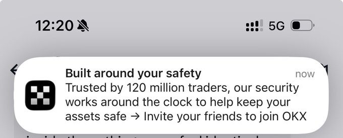 A smartphone screenshot showing a notification from OKX that reads 'Built around your safety - Trusted by 120 million traders, our security works around the clock to help keep your assets safe → Invite your friends to join OKX,' with the time 12:20.