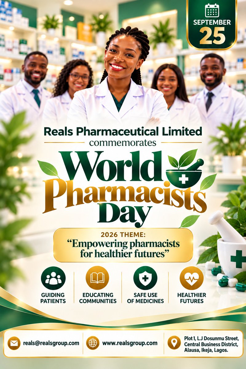 RealsGroup's tweet photo. 💊💚 Reals Pharmaceutical Limited commemorates World Pharmacists Day 2026!

Today, we celebrate pharmacists for guiding patients, educating communities and promoting safe medicine use.

Celebrate a pharmacist today! 🎉

#WorldPharmacistsDay #Pharmacists #RealsPharmaceuticals https://t.co/UTS76JWHc9