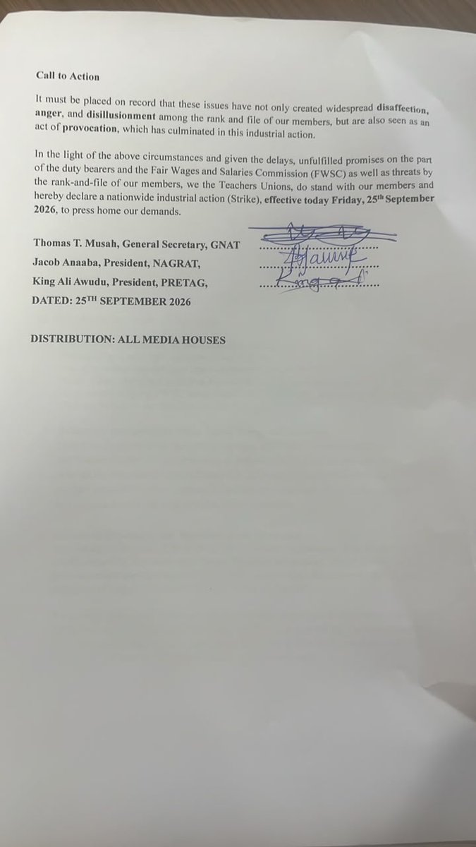 JoyNewsOnTV's tweet photo. GNAT, NAGRAT and PRETAG have declared a nationwide strike effective September 25, 2026, over delays in collective agreement negotiations, salary placement for newly promoted teachers and non-payment of the deprived area allowance.

#JoyNews https://t.co/5iBeF0WH5F