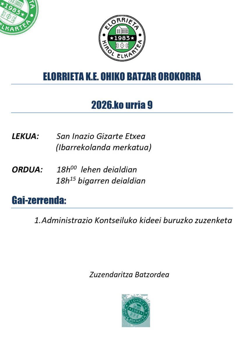 cdelorrieta's tweet photo. Elorrieta K.E. Ohiko batzar orokorra. 2026.ko urriaren 16

Asamblea general ordinaria Elorrieta K.E. 09 de octubre de 2026 https://t.co/keGxckwXF5