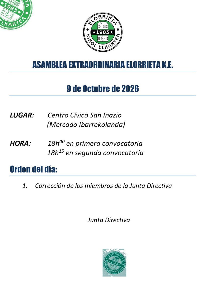 cdelorrieta's tweet photo. Elorrieta K.E. Ohiko batzar orokorra. 2026.ko urriaren 16

Asamblea general ordinaria Elorrieta K.E. 09 de octubre de 2026 https://t.co/keGxckwXF5