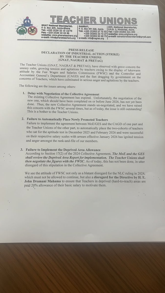 JoyNewsOnTV's tweet photo. GNAT, NAGRAT and PRETAG have declared a nationwide strike effective September 25, 2026, over delays in collective agreement negotiations, salary placement for newly promoted teachers and non-payment of the deprived area allowance.

#JoyNews https://t.co/5iBeF0WH5F
