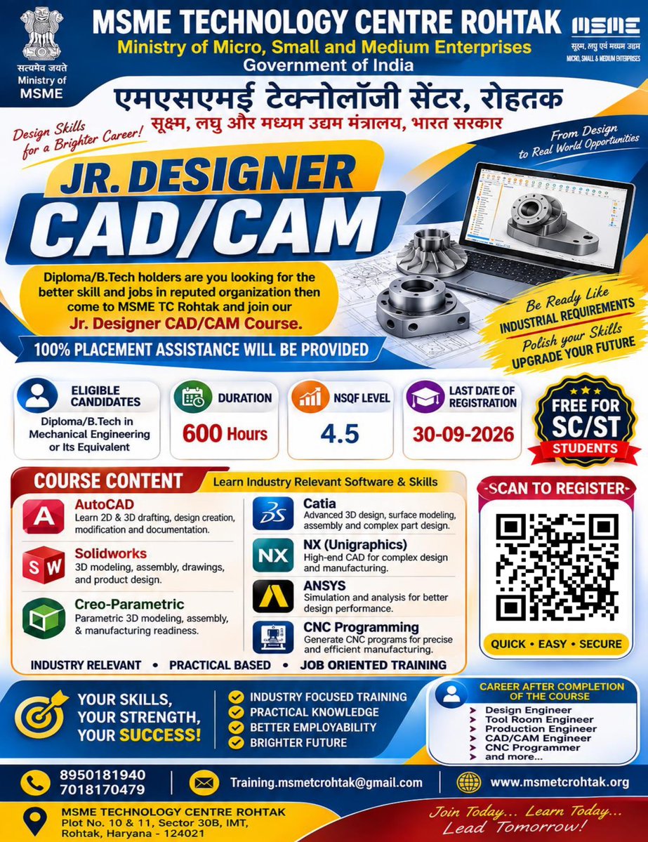 msmetcrohtak's tweet photo. BUILD YOUR CAREER WITH INDUSTRY-RELEVANT CAD/CAM SKILLS! 
Are you a Diploma/B.Tech Mechanical Engineering student or graduate looking to upgrade your skills and enter the industry?
Join the Jr. Designer CAD/CAM Course at MSME Technology Centre Rohtak and transform your https://t.co/eYPB1yWEA5