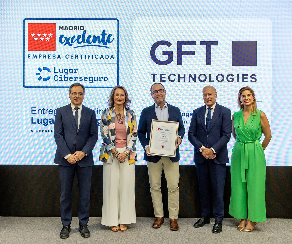 gft_es's tweet photo. GFT España recibe el distintivo @MadridExcelente  – Lugar Ciberseguro.

Un reconocimiento de la Comunidad de Madrid que pone en valor nuestro compromiso con una #ciberseguridad integrada en la estrategia y gestión de la organización.

Oscar Albericio, Director Ejecutivo en GFT Technologies España, recogió el distintivo en nombre de GFT.

Seguimos avanzando hacia una transformación digital más segura y basada en la confianza.

Más información: https://t.co/eiEJGKzHtw

#MadridExcelente #LugarCiberseguro