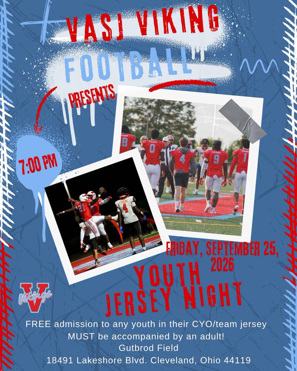 VASJVikingsAD's tweet photo. Reminder that tonight is Youth Jersey Night at Gutbrod Field! FREE Admission for any youngster wearing their CYO/Team jersey. Future #vikings come root on @VASJFootball against the Irish https://t.co/6CGHCCf7SR