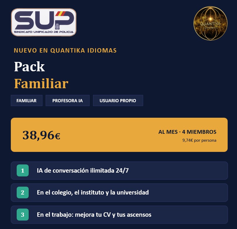 sup_formacion's tweet photo. 🇬🇧 Pack Familiar Cursos de Inglés #Quantika
Exclusivo para afiliad@s al @Sup_Policia
🚀Mejora tu CV y las oportunidades de ascenso
👤17,99€/mes el primer miembro
👥38,96€/mes cuatro miembros
#SUPLíderEnFormación
Información y matrícula ⤵️
https://t.co/FaKXzNzxjs https://t.co/71bI0jW3bu