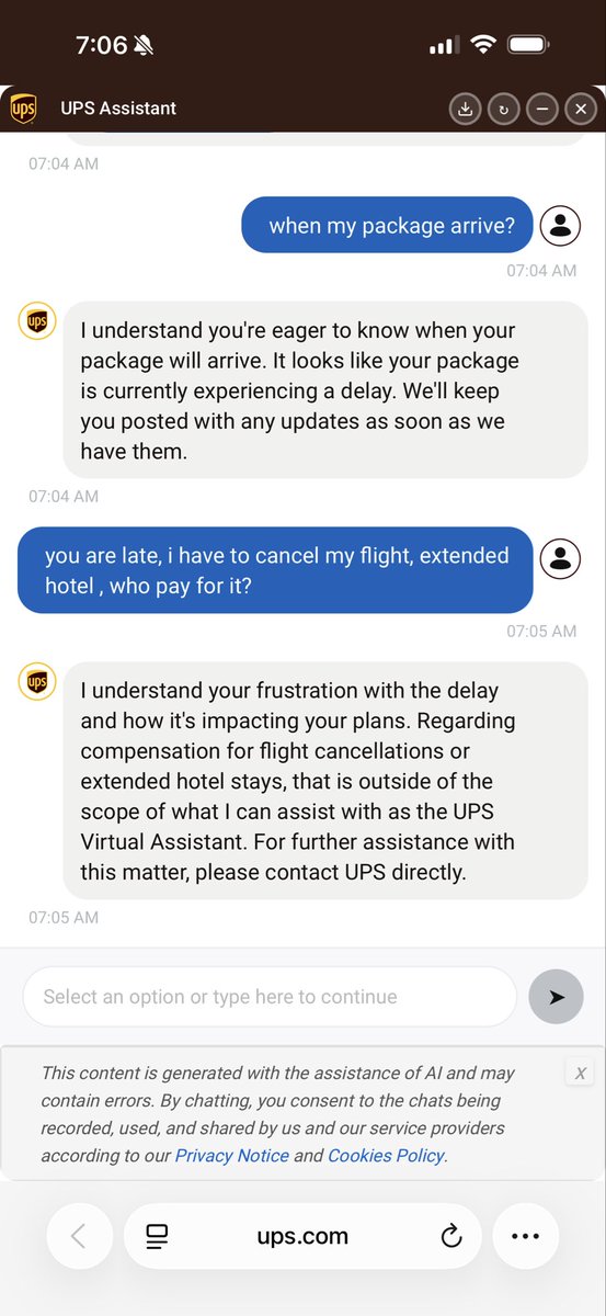 Kingkind79's tweet photo. UPS is not professional.
I paid for Express shipping, and the receipt said 1–3 days. It has now been 10 days, and my package still hasn’t arrived. There are no meaningful tracking updates.
I called UPS, but the agent only said, “Sorry,” with no solution. Who responsible for lost https://t.co/WsuWss0dGf