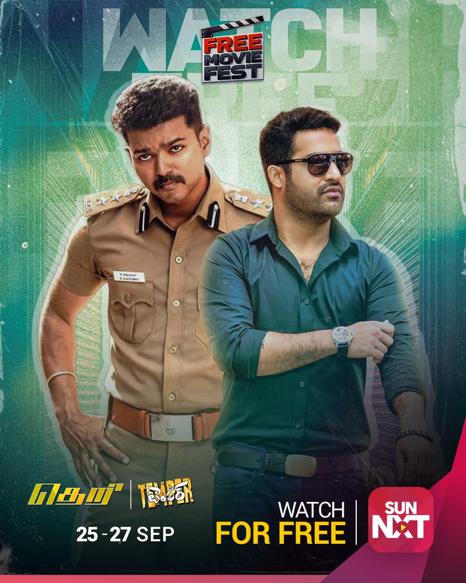 sunnxt's tweet photo. Watch Theri & Temper for FREE from 25 – 27 September, only on Sun NXT.

#Theri #Temper #FreeMovieFest #WatchForFree #SunNXT

[Theri, Theri Tamil Movie, Temper, Temper Telugu Movie, Vijay, Samantha Ruth Prabhu, N. T. Rama Rao Jr., Kajal Aggarwal, Action, Drama, Romance, Free Movie Fest, Watch Free, Sun NXT]
