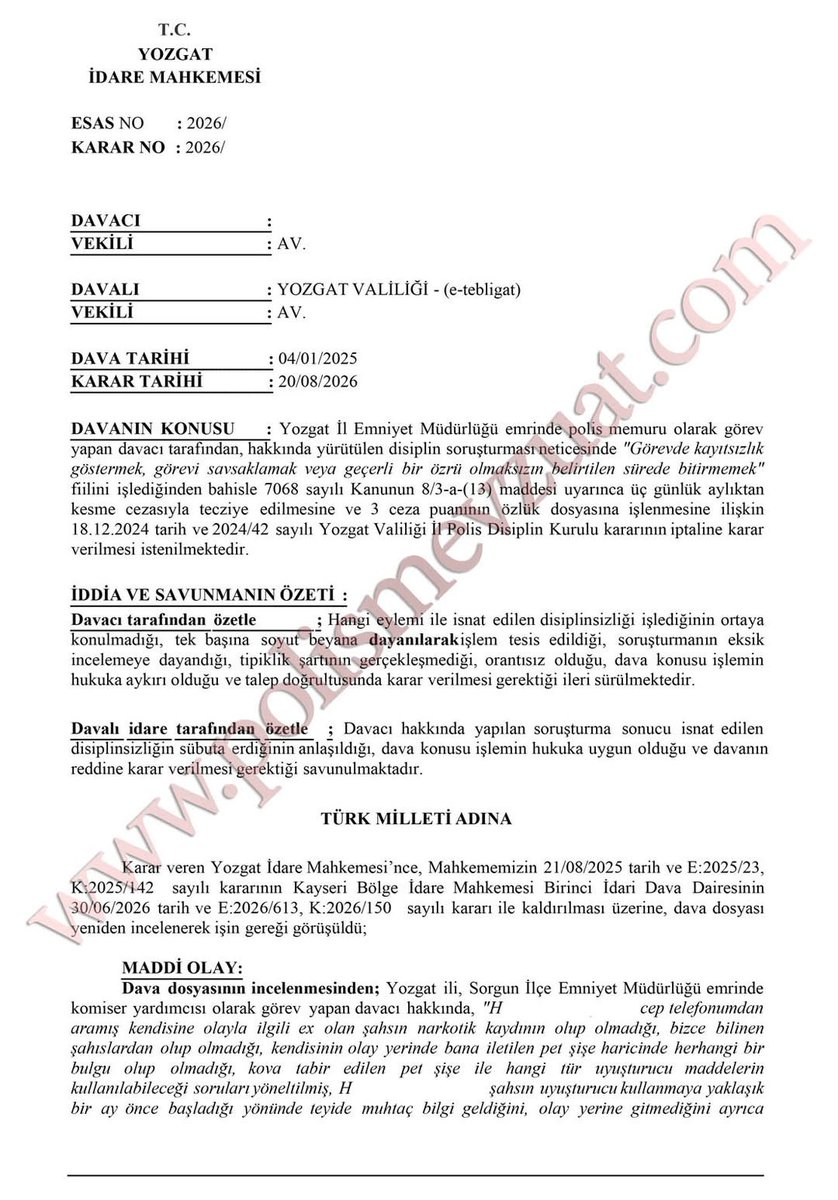 polismevzuat's tweet photo. İL MÜDÜR YARDIMCISINA TERS CEVAP VEREN POLİSE CEZA!.

Narkotik Suçlarla Şube Müdürlüğü'nde çalışan polis memuru sabah bir ilçeye kendi birimiyle ilgili çalışma yapmak için gider. Gece saat 00:00 sıralarında çalıştığı ilçeye döner. İlçe Emniyet Müdürlüğü NSM Büro Amirliğinde kendi kısımları-birimleriyle ilgili gelen evrakları kontrol eder. Gece saat 01:00 sıralarında evine gider. Gece saat 01:27 sıralarında telefonla aranıp bir şahsın narkotik madde kullanarak ex olduğu bilgisi verilir. Polis memuru da şubesindeki komiser yardımcısına mesaj atarak bilgi verir. Akabinde ilçe emniyet müdürü başkomiser, polis memurunu arayıp İl Emniyet Müdür Yardımcısına konu hakkında bilgi vermesi için müdür yardımcısını araması gerektiğini söyler.

Polis memuru ekip arkadaşlarını arayıp hazırlanmalarını olay yerine geçeceklerini söyler ve akabinde konu hakkında bilgi vermek için il emniyet müdür yardımcısını arar. Polis memuru olayla ilgili genel bilgi verdikten sonra henüz olay yerinde olmadığını olay yerine geçince detaylı bilgi vereceğini beyan eder. Müdür yardımcısı, narkotik madde kullanımı sonucu şahsın ex olduğunu neden olay yerine gitmediğini sorar. Polis memuru durumu izah edip olay yerine geçeceğini beyan eder. Müdür ile polis memuru arasındaki tatsız konuşma sonrası polis memuru hakkında rapor tutularak "Görevde kayıtsızlık  göstermek, görevi savsaklamak veya geçerli bir özrü olmaksızın belirtilen sürede bitirmemek" ten 3 Günlük Aylıktan Kesme Cezası ve  3 Ceza Puanı verilir.

Polis memurunun açılan davası kazanılarak verilen Disiplin Cezasının İPTALİ sağlanmıştır.

Not: Disiplin cezası, Mazeret ataması, Rütbe Terfi, GİH’e geçiş, Pomem-Pmyo vb. konularında detaylı bilgi için.
İletişim: 0552 559 4913