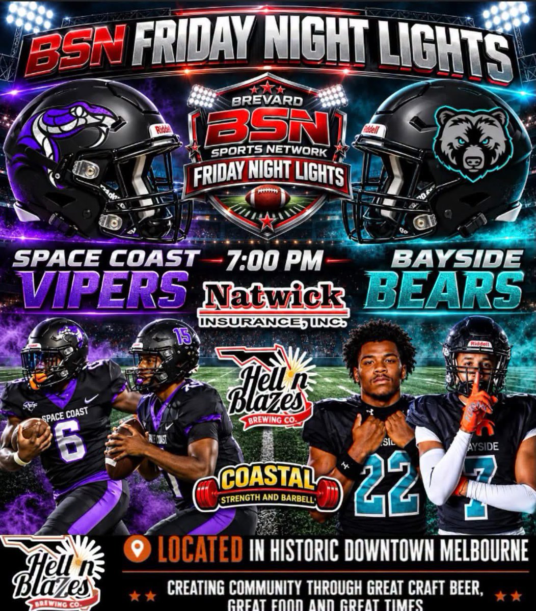 SportsBrevard's tweet photo. 🏈 BSN FRIDAY NIGHT LIGHTS: @SSAAFootball SHOWDOWN — @schsviperfb AT @BaysideBears1 

Read the preview here: https://t.co/kx2gFkPUn2

#FridayNightLights #HighSchoolFootball #BrevardSportsNetwork #SpaceCoastVipers #BaysideBears #SSAA #BrevardCountyFootball https://t.co/KoaGwv9ZF6