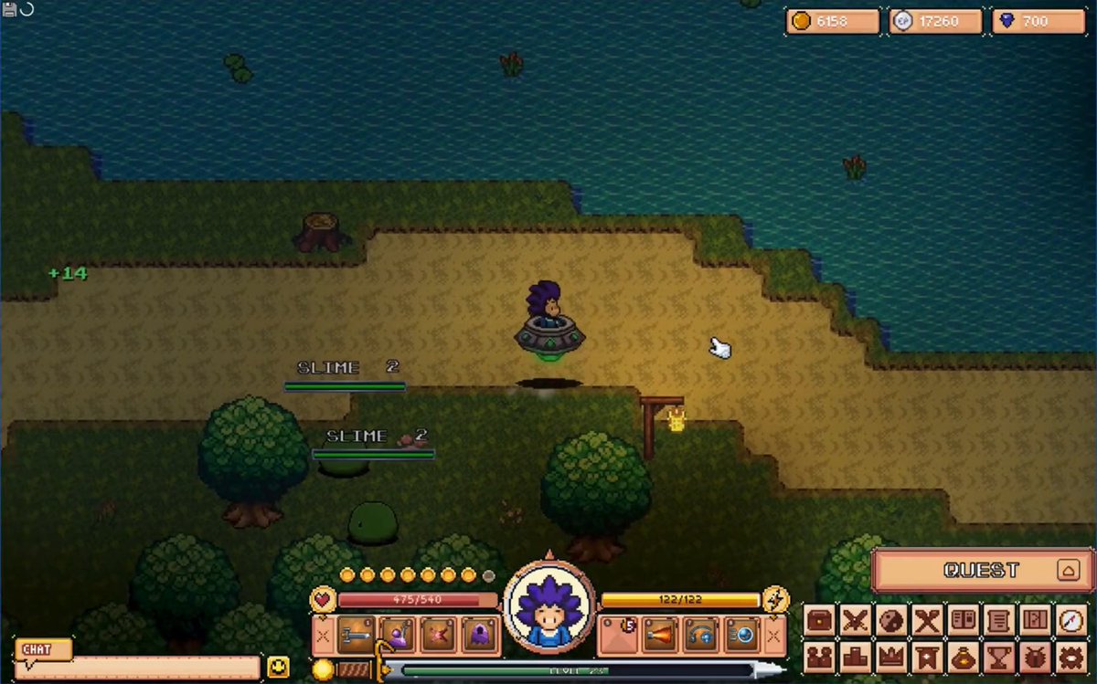 A character with purple hair stands near a pond facing two "SLIME" enemies in this pixel-art RPG game, showing health (475/540) and level indicators alongside currency counters (6158, 17260, 700). The scene serves as promotional gameplay imagery for the pre-registration campaign for "Breath of Estova," highlighting the in-game rewards players can earn by signing up at breathofestova.com/pre-register.