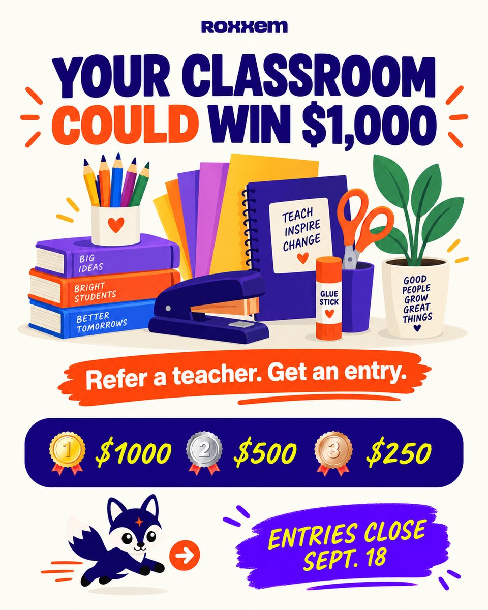 NumbersCajwq's tweet photo. Back-to-school shopping adds up fast. Refer teachers to Roxxem’s free plan for a chance to win $1, 000, $500, or $250 for their classroom. Each referral earns one entry, with no limit. Entries close September 18. Comment “RAFFLE” https://t.co/hDndiOVJZv