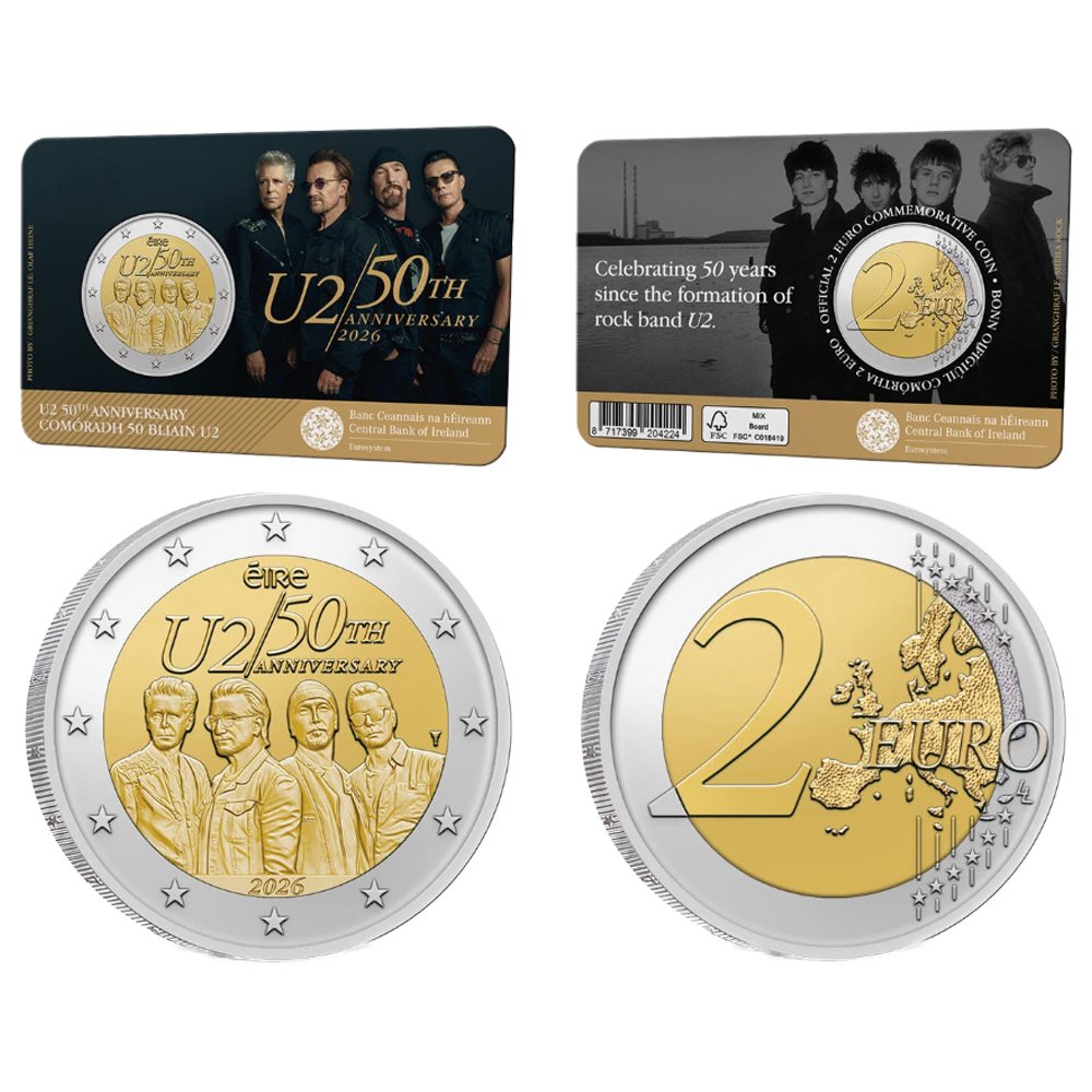 u2br's tweet photo. 🪙 O Banco Central da Irlanda lançou hoje uma moeda de 2 euros comemorativa aos 50 anos do U2!

A edição é limitada e já está à venda. Saiba como comprar a sua aqui: https://t.co/YPEF9h9990

#U2 #U250 https://t.co/8cwhP46znW