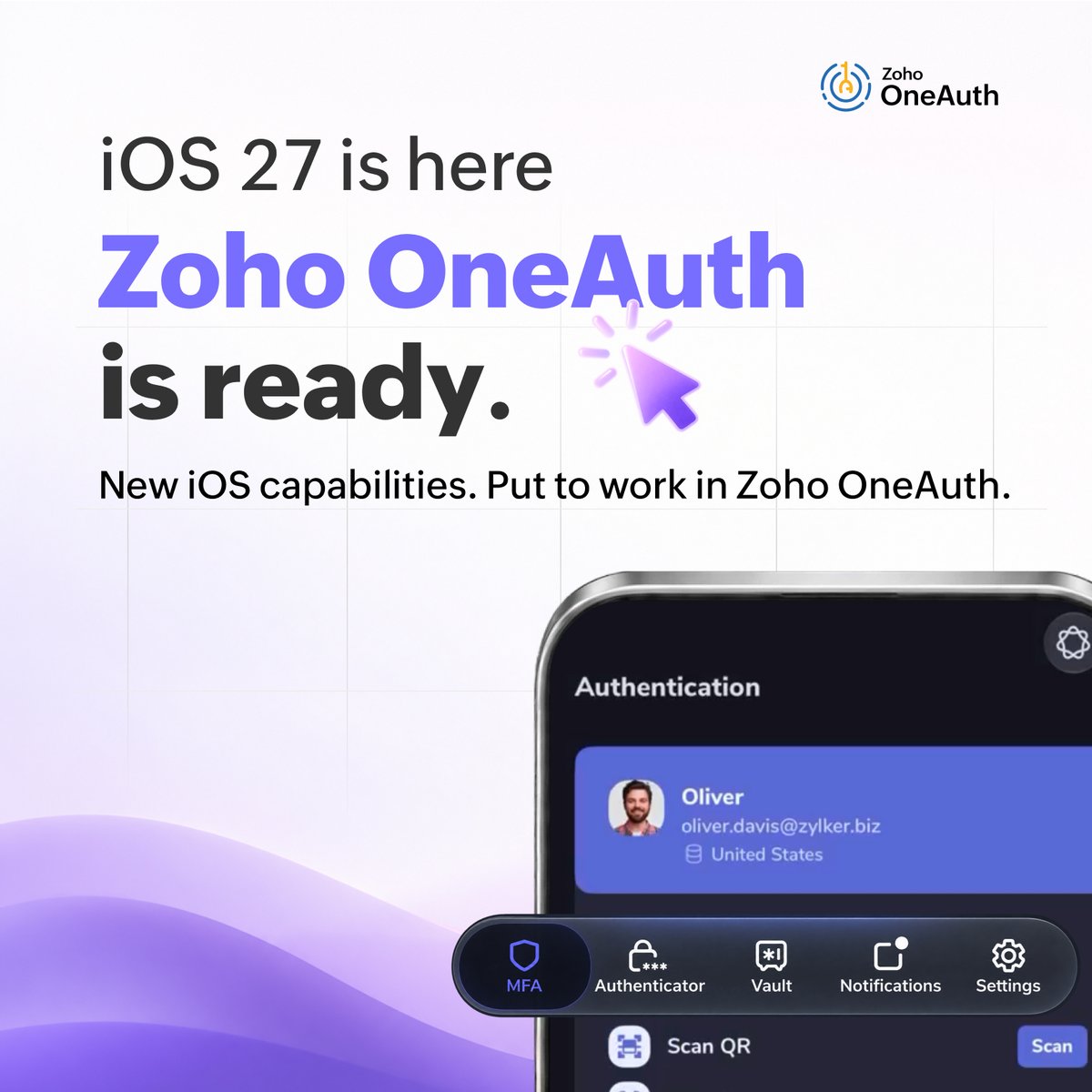 ZohoOneAuth's tweet photo. OneAuth just levelled up. 🚀

Zoho OneAuth built for iOS 27: ask Siri or search in Spotlight for your 2FA code, get an on-device risk summary before approving sign-ins, a visual daily activity chart, and a resizable window on Mac &amp; iPad.

🧵👇 #iOS27 #ZohoOneAuth #Zoho https://t.co/wFZtN5X65J