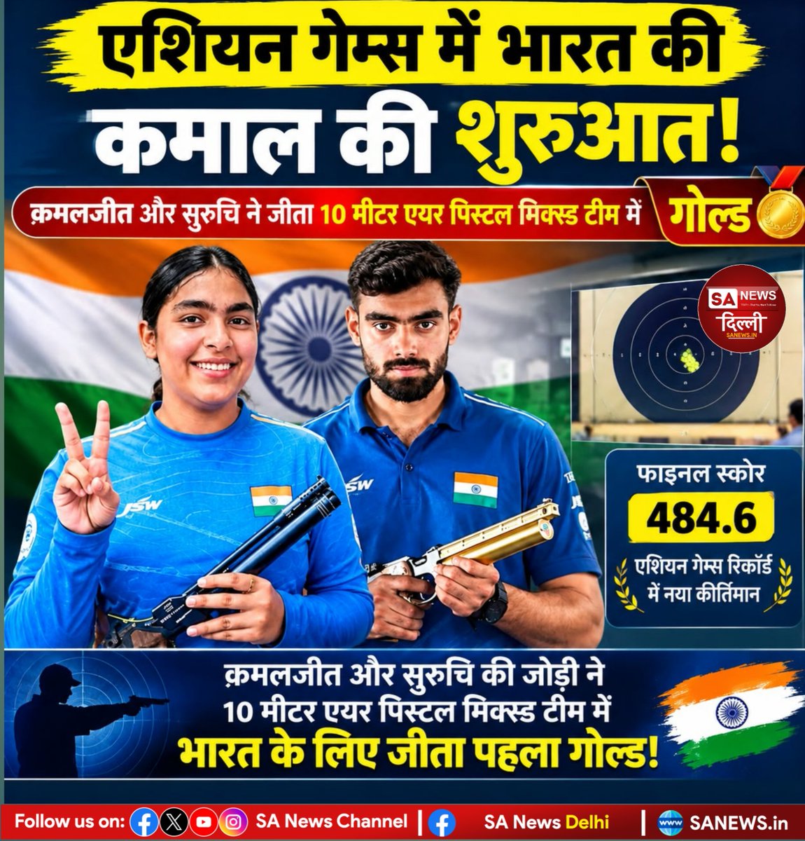 sanewsdelhi's tweet photo. भारत के नाम एक और स्वर्णिम सफलता! 🇮🇳🥇
एशियन गेम्स के 10m एयर पिस्टल मिक्स्ड टीम इवेंट में कमलजीत और सुरुचि सिंह ने 484.6 अंकों के साथ भारत को दिलाया शानदार गोल्ड! 🥇🎯
#TeamIndia #AsianGames #IndianShooting #GoldForIndia https://t.co/lozGhLumbR