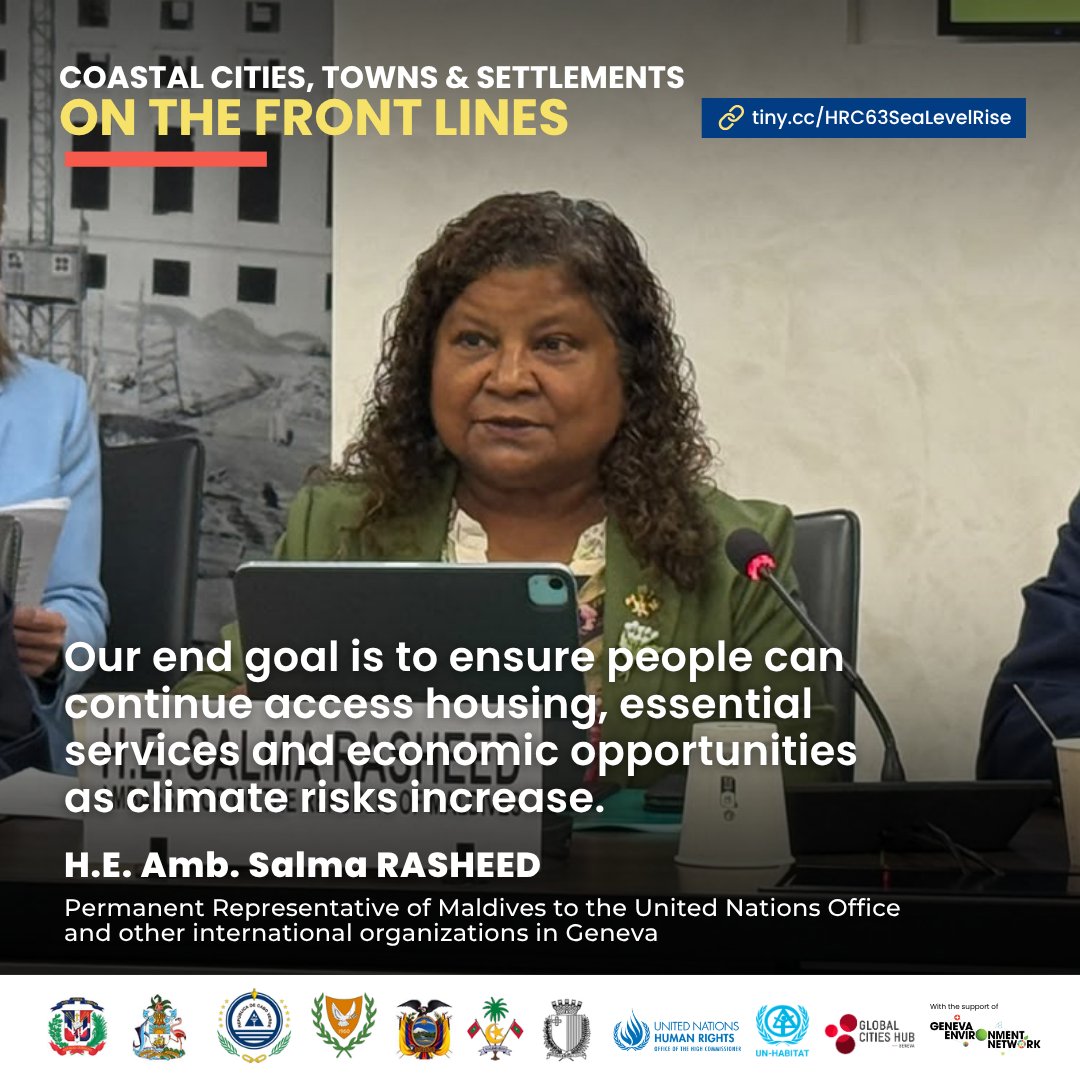 GENetwork's tweet photo. @ONUGRD @bahamas_geneva @CyprusInGeneva @ONUGinebraEC @MDVinGeneva @SREnvironment @UNHumanRights @UNHABITAT @globalcitieshub @MaltaUNGeneva @UN_HRC H.E. Amb. Salma Rasheed of #Maldives underscores key aspects needed to address #SeaLevelRise impacts:
🔸Building resilience
🔸Integrated approach to coastal protection
🔸Understanding risk prior to crises
🔸Local & inclusive #ClimateAction resilience
🔸Adaptation & mitigation https://t.co/ncKjMfRMpE