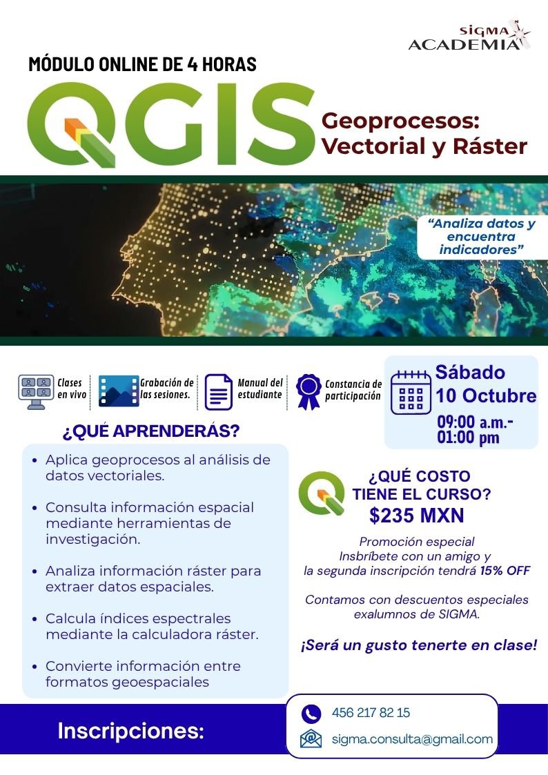 sigma_consulta's tweet photo. 🌿🗺️ Biología x SIG | Módulo 2
Aprende a utilizar geoprocesos vectoriales y ráster en QGIS.
📅 Sáb. 10 de oct
🕘 9:00–13:00 h CDMX
💰 $235 MXN
👥 2da persona 15% descuento
Incluye clase en vivo, grabación, manual y constancia.
📩 sigma.consulta@gmail.com
#QGIS #SIG #Geoprocesos https://t.co/9zYcgC5ZqZ