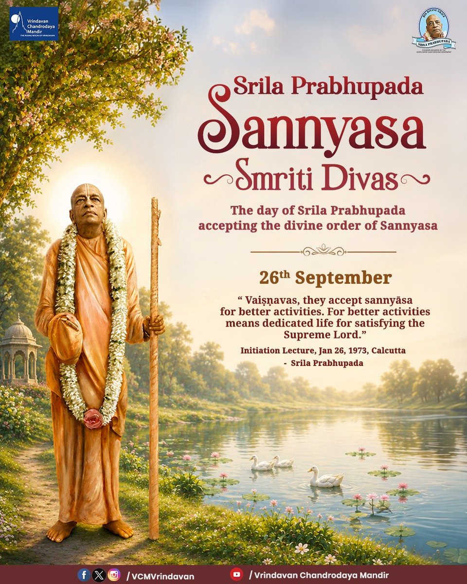 VCMVrindavan's tweet photo. Tomorrow is Srila Prabhupada's Sannyasa Smriti Divas, an important day to remember the glorious efforts and contributions of Srila Prabhupada to make the whole world Krishna conscious. https://t.co/4NiFCFO0j0
