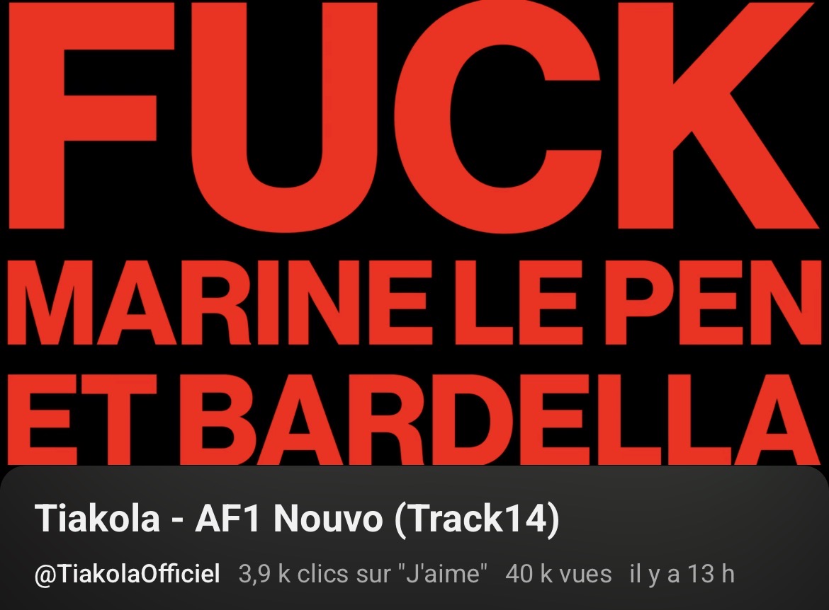 ShadesFrance's tweet photo. Tiakola affiche clairement sa position contre le Rassemblement National dans son morceau "AF1 Nouvo" 👏 https://t.co/B0L7ItXNGd