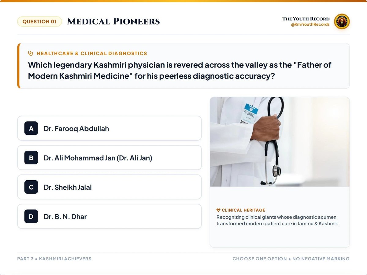 KmrYouthRecords's tweet photo. THE YOUTH RECORD | KASHMIR QUIZ – PART 3

From pioneering physicians and world-record engineering to healthcare and technology, Jammu & Kashmir has produced remarkable achievers.
Test your knowledge:

▪︎ Who is known as the Father of Modern Kashmiri Medicine?
▪︎ Which bridge is the world’s highest railway arch bridge?
▪︎ Who developed an AI Health Prediction App and founded Syntax School?
▪︎ Which premier institute at Soura is Kashmir’s apex tertiary healthcare centre?
▪︎ Which national engineering institute at Hazratbal was formerly known as REC Srinagar?

Answers: Q1–?, Q2–?, Q3–?, Q4–?, Q5–?

#TheYouthRecord #KashmirQuiz #KashmirAchievers #KashmirInnovators #KashmirTalent
