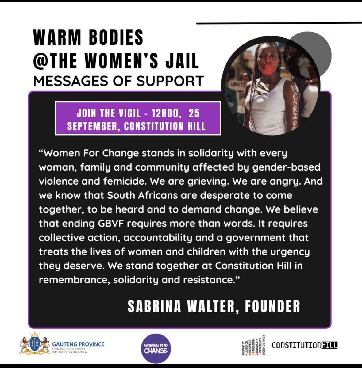 VuyiswaRamokgop's tweet photo. I am currently at WARM BODIES at the Women’s Jail, hosted by @VisitConHill.

This programme is about ensuring that we continue to raise the volume against GBV and senseless violence.

Today, we stand in solidarity and mourn the nine women who lost their lives to gender-based violence.

Their lives must not be reduced to statistics. As government we must recognise our role in this fight and work together with those who continue to speak out, demand accountability and strengthen the fight against GBV.

#FightAgainstGBV