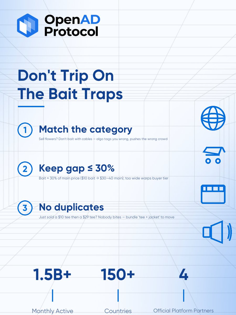 OpenAD_Protocol's tweet photo. Don't Let Cheap Bait Warp Your Live-Room Tags

The easiest trap in TikTok Live is using dirt-cheap bait to hold viewers🤦‍♂️. 

I've seen it way too often — a team sells eternal flowers, then baits with USB cables. You burn the budget, eat the loss, and the algo still pushes the wrong crowd. Tags get messy.

Three hard lessons👇
1️⃣ Bait must match your profit product's category (or be closely related), or the audience profile is off from day one.

2️⃣ Keep the gap under 30% — bait at roughly 30% of your main price works best ($10 bait → $30–40 profit item). Too wide and you warp buyers' spending tier, pulling in people who'll never buy.

3️⃣ No duplicates — just sold a $10 tee, then a $29 tee? Nobody bites. Bundle "tee + jacket" and it moves.

One more: pick bait or giveaway, not both — same goal (hold watch time). I'd pick giveaway: it's a gift, not a sale, so it keeps goodwill and your precise tags intact💡

Get the tags right first, then your profit items actually sell. Follow us👀 and let's fix the live room together.

#OpenAD #TikTokGlobal #LiveMistakes #LiveTags #OverseasGrowth