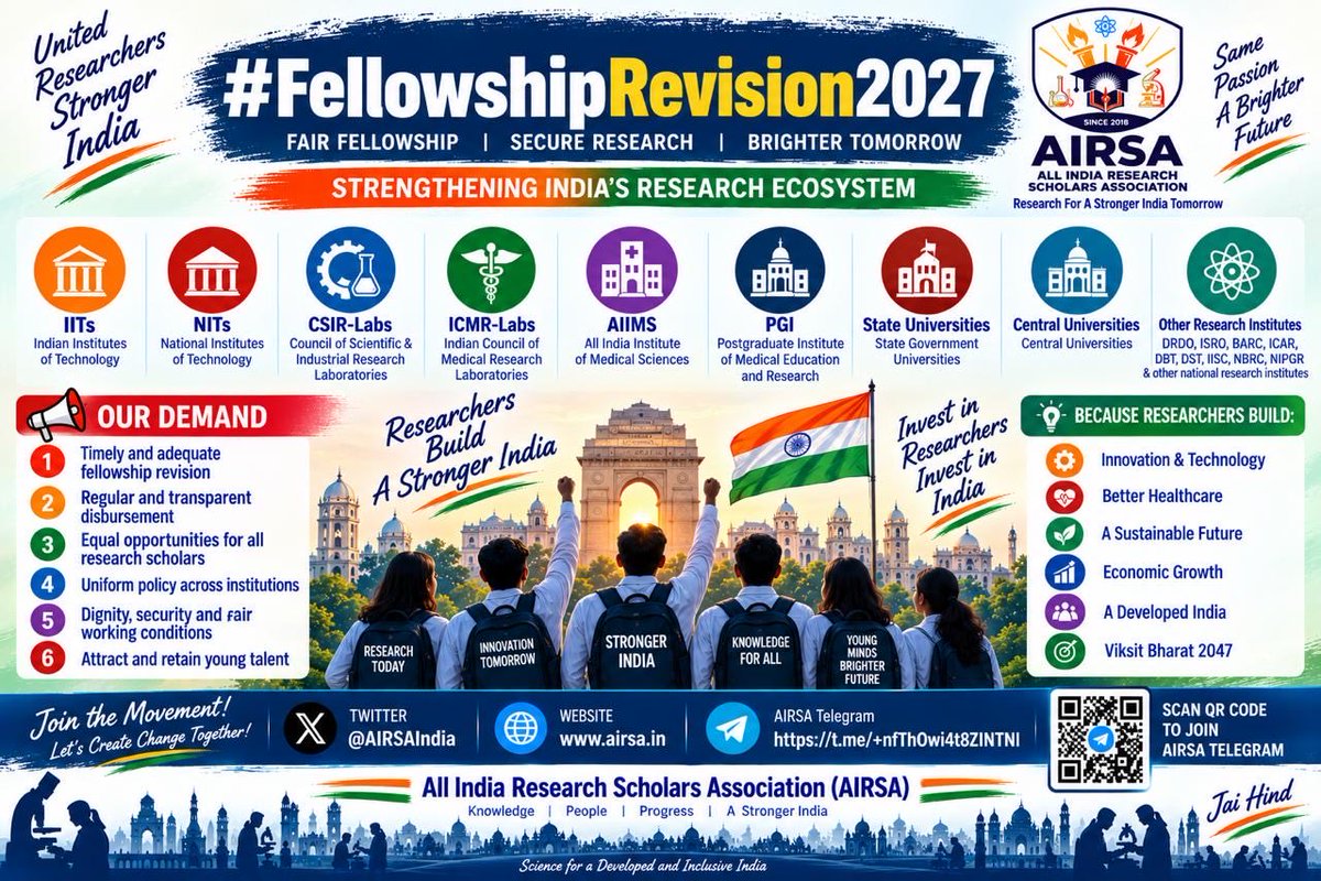 AIRSAIndia's tweet photo. Delayed fellowships, no regular revision policy, and little accountability—while research scholars struggle for their livelihood. India’s researchers deserve timely fellowships, transparency, and accountability. @DrJitendraSingh @AjaySoodIISc @EduMinOfIndia @FinMinIndia https://t.co/AssPxrvFjY
