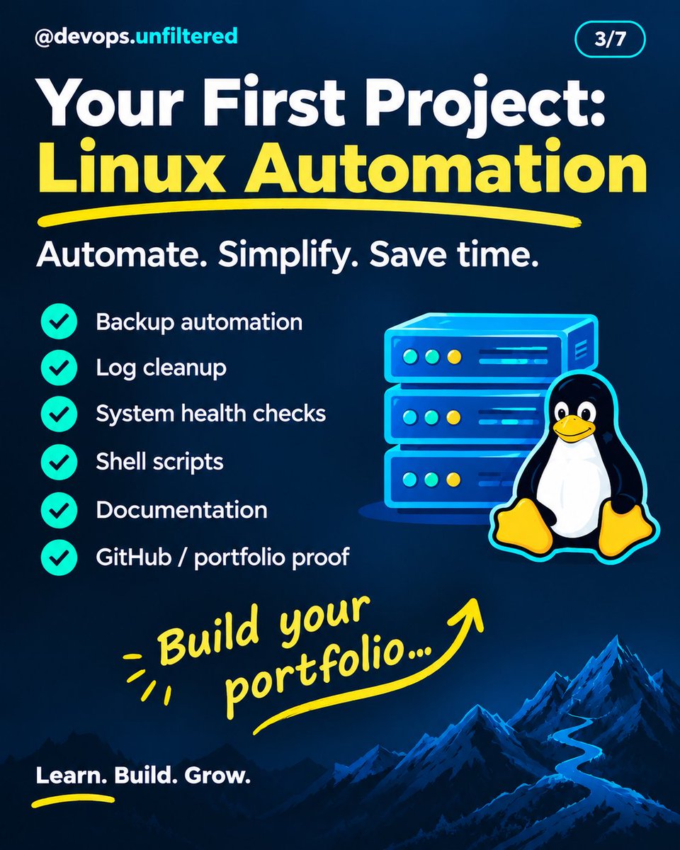 devopsunfilter's tweet photo. Starting DevOps but completely lost about what to learn first?
Stop jumping randomly between YouTube tutorials.
Use a roadmap.
Linux → Git → Docker → CI/CD → Kubernetes → Cloud
But there’s one important difference:
Learn → Practice → Build → Prove → Move On https://t.co/IkV0x4v5dr