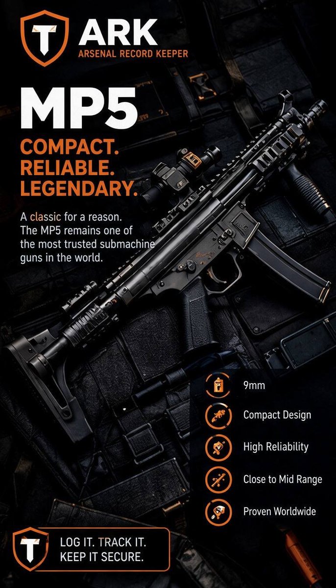 TueborCoin's tweet photo. Some firearms become legends for a reason.
The MP5 compact, reliable, and trusted worldwide.
Iconic guns deserve more than memory and paperwork.
They deserve proper records.

With ARK by Tuebor, you can log it, track it, and keep it secure.
Your collection. Your history. Protected.
#ARK #Tuebor #2A
