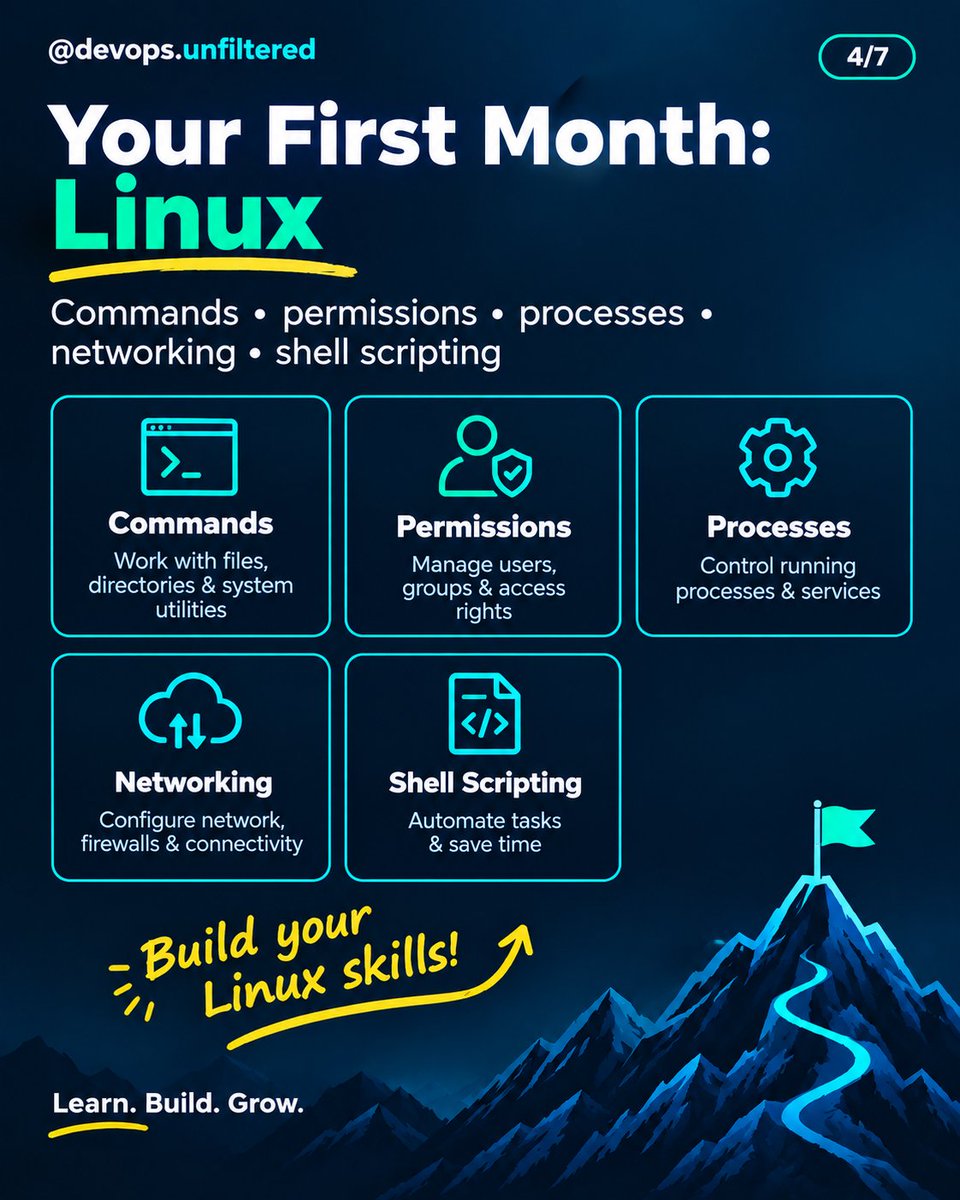 devopsunfilter's tweet photo. Starting DevOps but completely lost about what to learn first?
Stop jumping randomly between YouTube tutorials.
Use a roadmap.
Linux → Git → Docker → CI/CD → Kubernetes → Cloud
But there’s one important difference:
Learn → Practice → Build → Prove → Move On https://t.co/IkV0x4v5dr