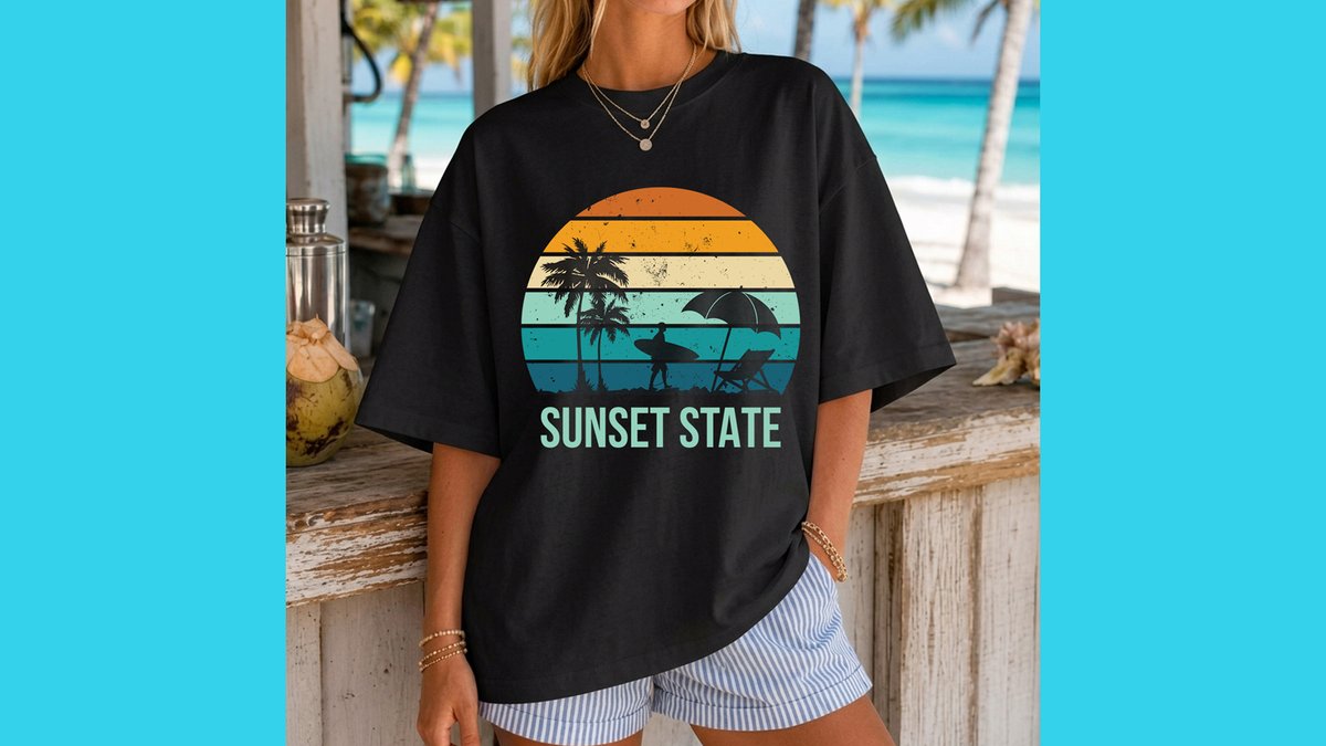 creativetopon's tweet photo. SUNSET STATE 
A retro sunset + beach graphic made for summer, surf and good vibes.
#SunsetState #TshirtDesign #BeachVibes #RetroStyle #SummerTshirt #GraphicTee https://t.co/EYDCTHthg6