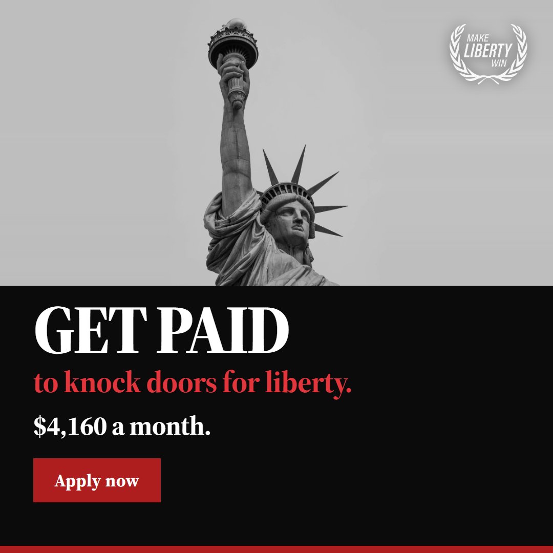 makelibertyw's tweet photo. Make Liberty Win LLC is recruiting canvassers nationwide.

You knock doors while fighting for liberty in state and local races. We cover housing and fuel, and we train you in the field.

Apply: https://t.co/MmWSDvcMTU https://t.co/c3PHsJHjH1