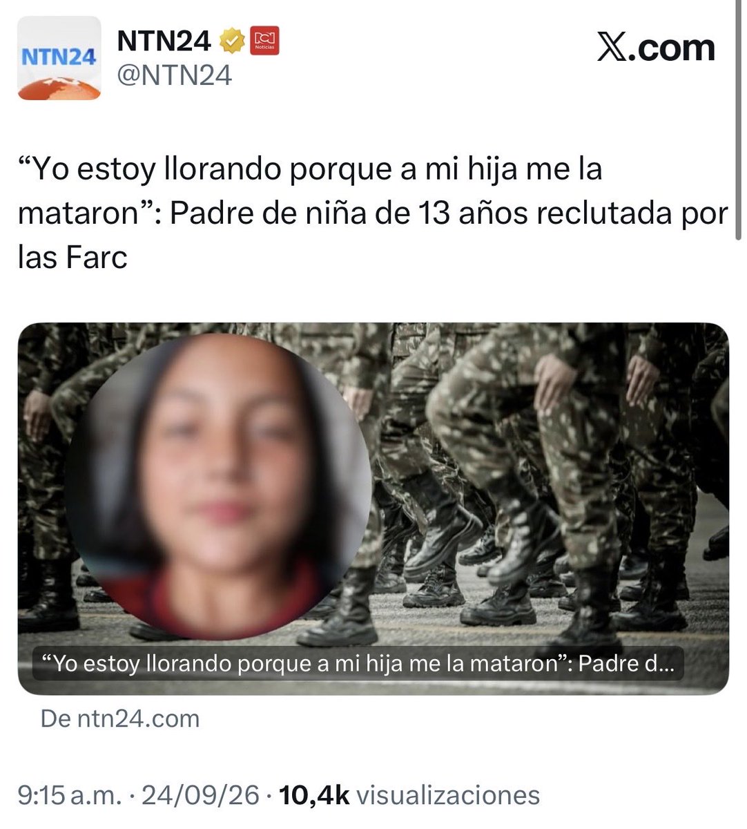 dmarcordoba's tweet photo. Mónica tenía 13 años. Se la llevaron de Tibú en Semana Santa y a su padre le avisaron por teléfono que estaba muerta. 

Más de seis décadas llevan las Farc, con la sigla que sea, reclutando y matando niños. Las guerrillas no le han dado a Colombia nada distinto a dolor, destrucción y muerte.