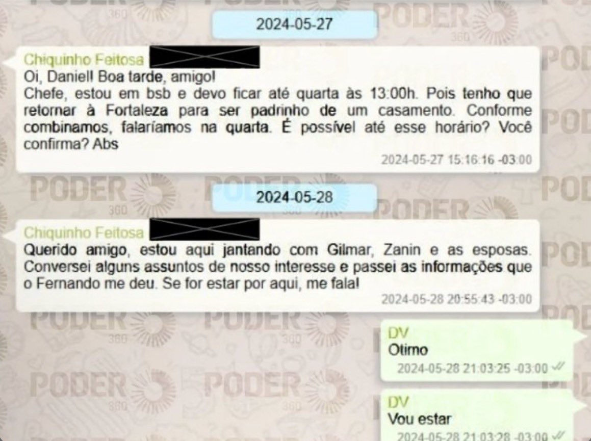 Pri_usabr1's tweet photo. Mensagens do celular de Daniel Vorcaro, periciadas pela PF, mostram o lobista Chiquinho Feitosa (ex-cunhado do Gilmar Mendes) dizendo que jantava com o decano e Cristiano Zanin e que havia tratado de “assuntos de nosso interesse”. https://t.co/zszDJ0uj0b