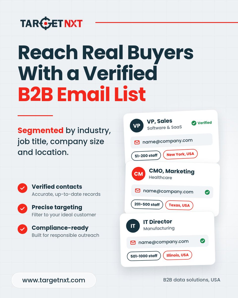 TargetNXT's tweet photo. Reach the right decision-makers with verified B2B email data built for precise targeting. Segment prospects by industry, job title, company size, and location

Visit site: https://t.co/NluzG9BhM3

#B2BMarketing #B2BEmailList #LeadGeneration  #EmailMarketing #B2BData #TargetNXT https://t.co/GjsYuGQKh3
