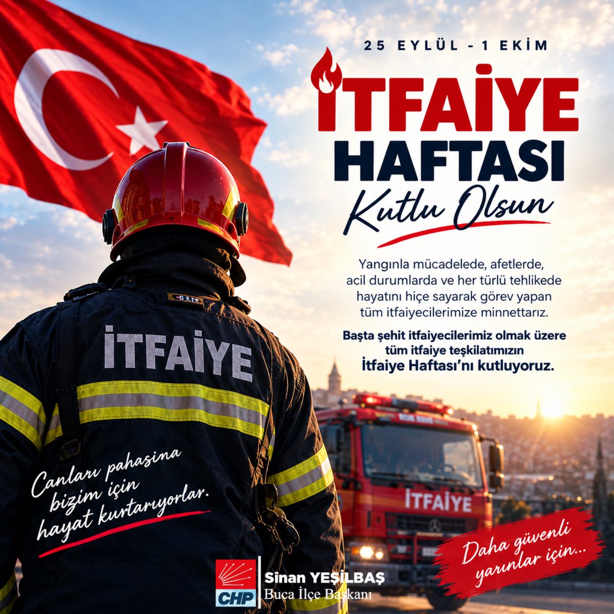 chpbucailce's tweet photo. Yangınlarda, afetlerde ve en zorlu koşullarda; hayat kurtarmak için kendi hayatlarını ortaya koyan tüm itfaiyecilerimize minnettarız.

Tüm itfaiye teşkilatımızın İtfaiye Haftası’nı kutluyor; görevleri başında hayatını kaybeden itfaiyecilerimizi saygı ve rahmetle anıyoruz. https://t.co/aXdl5tXZj6