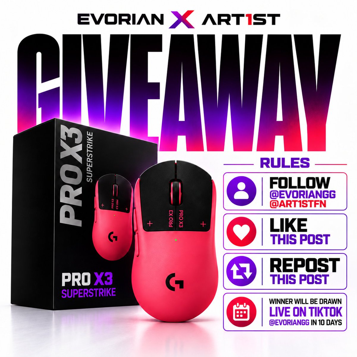 art1stfn's tweet photo. 🎁 EVORIAN x ART1ST GIVEAWAY

We’re giving away a Logitech G PRO X3 SUPERSTRIKE! 🖱️🔥

Follow @evoriangg &amp; @art1stfn , like &amp; retweet to enter.

🏆 Winner drawn LIVE on TikTok in 9 days.

Good luck 💜❤️ https://t.co/ukMdia5PyC